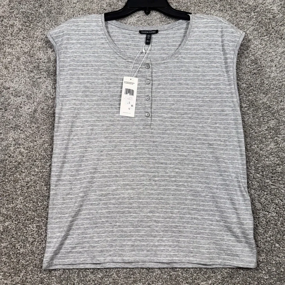 Eileen Fisher Striped Henley Sleep Top Womens Organic Cotton Grey Small NEW